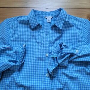 LL Bean Shirt Womens Small Blue Gingham Check Performance Long Sleeve Hike Fish